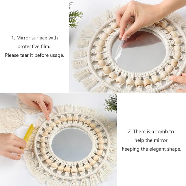 Boho Macrame Spegel med Fransar och Träpärlfjäderpenna, ZQKLA