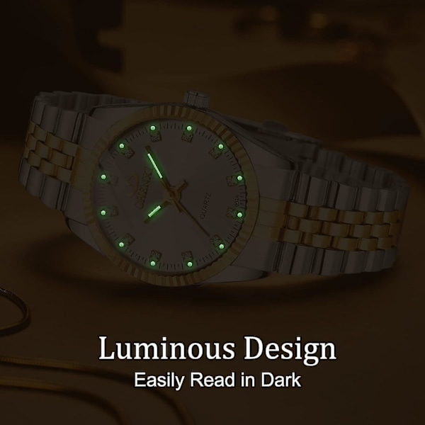 Dameure med rustfri stållænke, Quartz analog armbåndsur vandtæt lysende, luksus urskive dameur, G