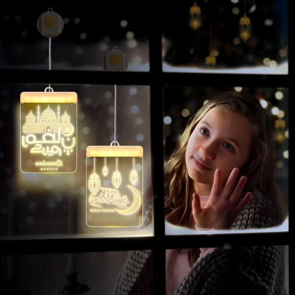 2 stk. Eid Dekorative Vindue Lys Eid Mubarak LED Hængende Lys