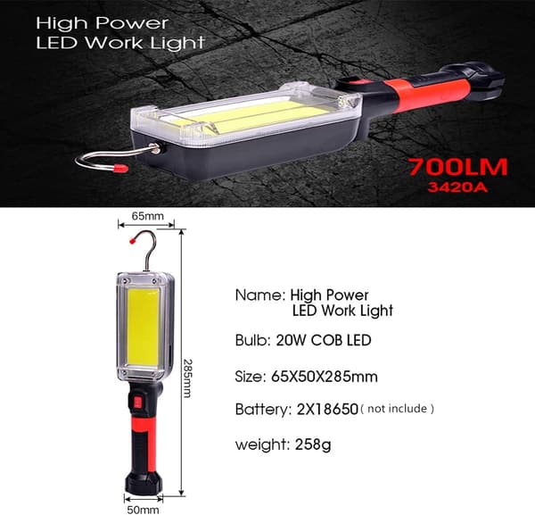 COB Oppladbar LED Arbeidslampe, 2 Lysmoduser, Camping L, ZQKLA