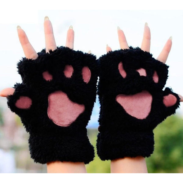 Vinter Katte Luffer Sorte Varme Plys Handsker med Halv Finger Vante