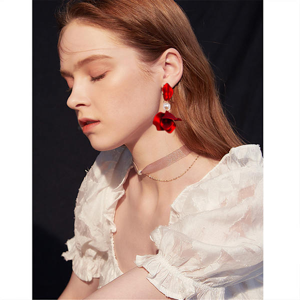 （Rød）Lange Akryl Rose Petal Øreringe Dangle Overdrevne Flo,ZQKLA