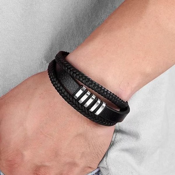 Flerlagigt läderarmband för män i rostfritt stål med magnetisk låsning, ZQKLA