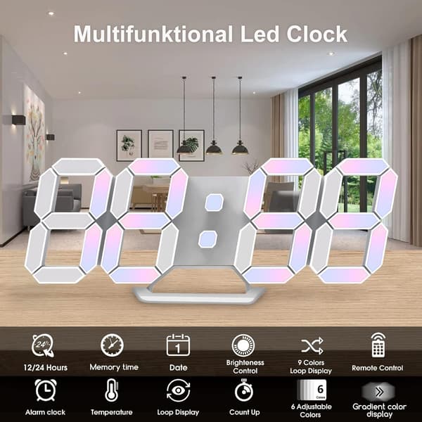 3D LED Digital Väggklocka Stor Ljusande Väckarklocka Ljudlös, ZQKLA