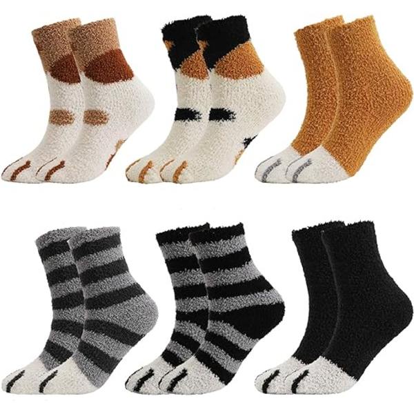 6 Par Fluffiga Kattpåtassar-Sockor, Fleece-Sockor Tjocka Varma Vintersockor