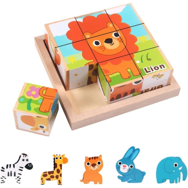 Träpussel för barn, 6 i 1 pusseldjur 3D Cube Build, ZQKLA