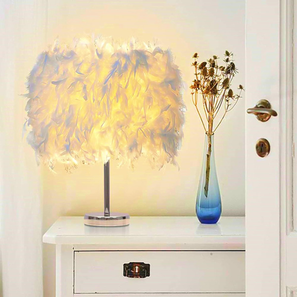 Fjer Bordlampe Hvid Ved Sengebord Lampe Fjer Lampeskærm Bord