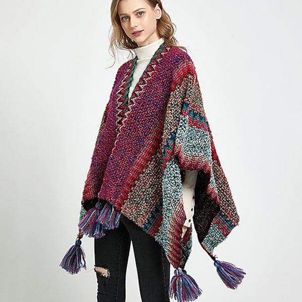 Stickad Sjal Poncho Cape för Kvinnor, Dam Stickad Kofta, ZQKLA