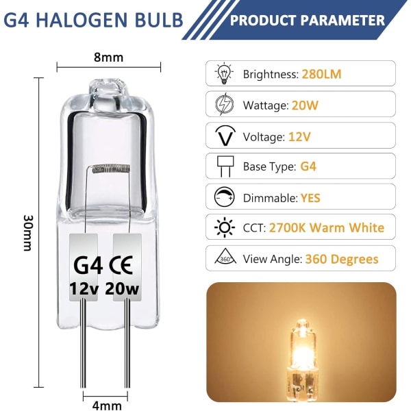 G4 Halogen Lyspærer 20W 12V, 12 Pak Halogen Pærer Lampe Pære Ha