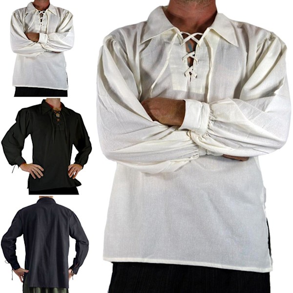 Hvit skjorte for menn i middelalderens renessanse-stil, med krage, lange ermer, snøring, ensfarget, løs passform, pullover (Svart, XL)