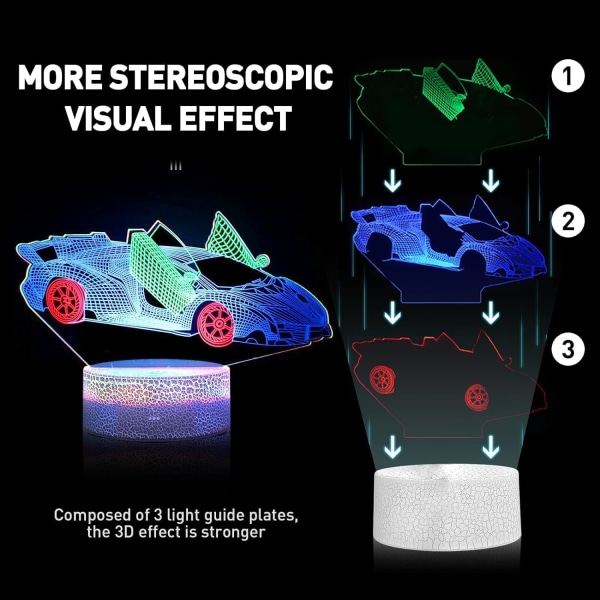 3D Race Car Night Light för pojkar 3D Illusion Billampa, 7 Col, ZQKLA