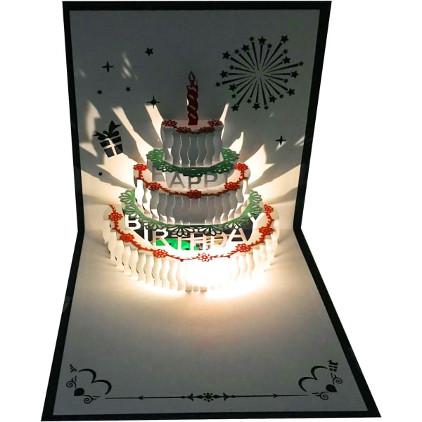 1 kpl 3D Pop Up -syntymäpäiväkortteja, lämpimät LED-valot syntymäpäiväkakku, ZQKLA