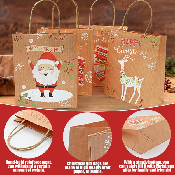 Set med 12 papperspresentpåsar med handtag Julpåsar - 26cm x