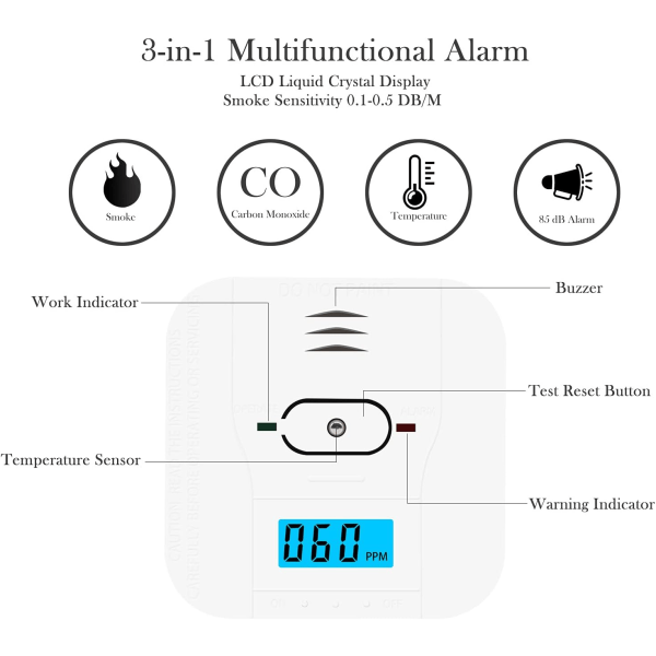 3 i 1 røyk- og karbonmonoksidalarm temperaturalarm 85 ,ZQKLA