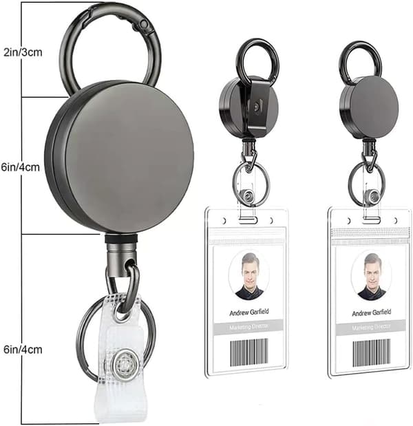 2 stycken robusta metall-utdragbara nyckelringar med bältesklämma och