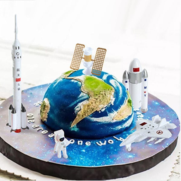 7 stk/sæt Kagepyntssæt Raketter Rumstation Fly Astronauter Model Legetøj Party Kage Toppers
