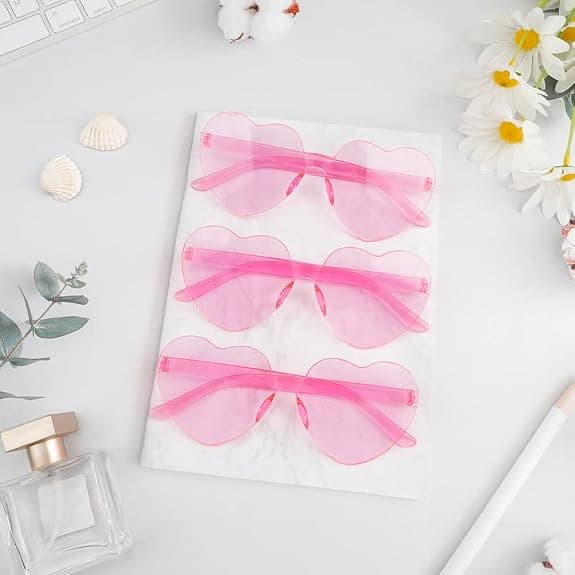 Hjerteformede solbriller, 3-pakning, rammeløse, retro, rosa, kjærlighetstema Pink