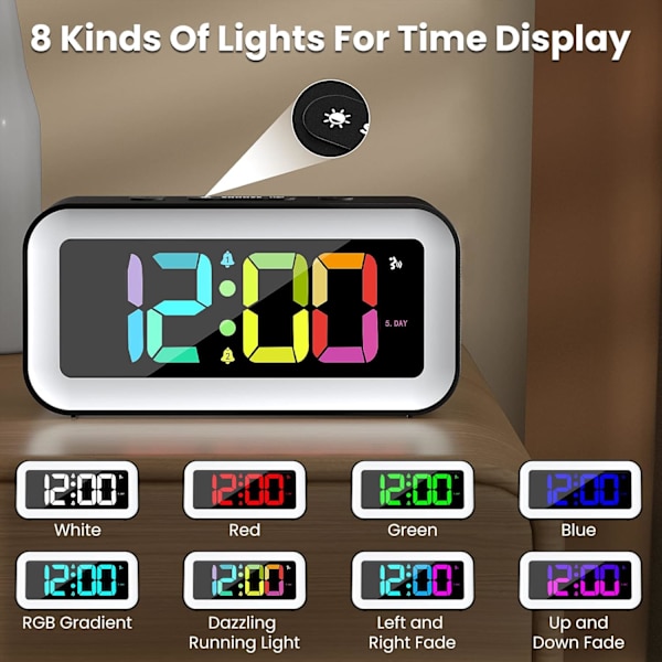 Ljus Stark Väckarklocka, RGB Färger Barnväckarklocka Digital, ZQKLA