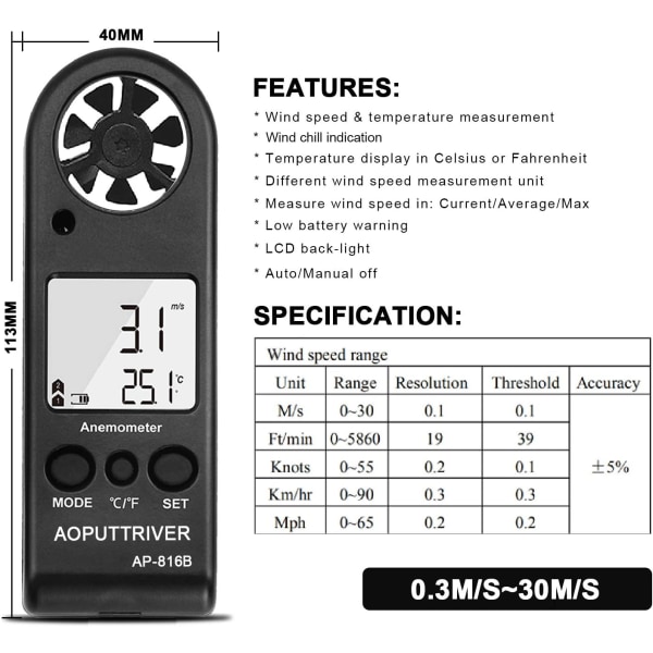 Håndholdt digital vindmåler for måling av vindhastighet, måling, ZQKLA