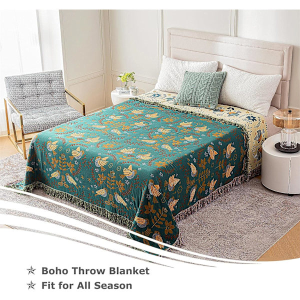 Boho-teppe til seng - 100% bomull, ultramyk rustikk dyne