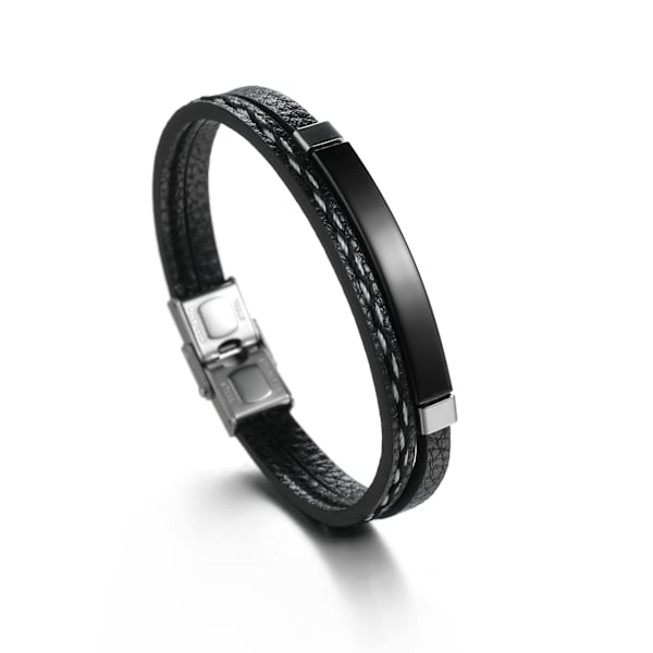 （Svart）Håndlaget svart flerlags lær armbånd med sjarm, ZQKLA