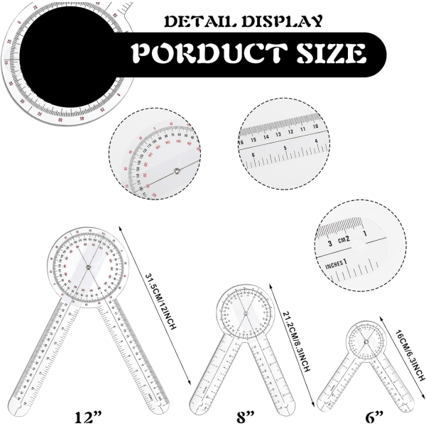 Goniometer Set om 3, gradskiva, vinkelsökare, 360 graders plast