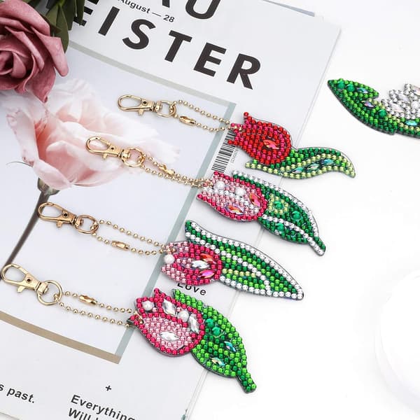 5 Stycken 5D DIY Ros Diamantmålning Nyckelringar, Blommor Rhinesto
