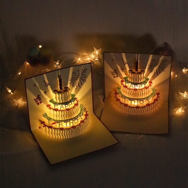 1 kpl 3D Pop Up -syntymäpäiväkortit, lämpimät LED-valot syntymäpäiväkakku, ZQKLA