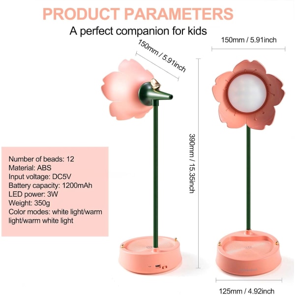 (Pink) Børnebordlampe, 10 Lysstyrke niveauer X 3 Farver, ZQKLA