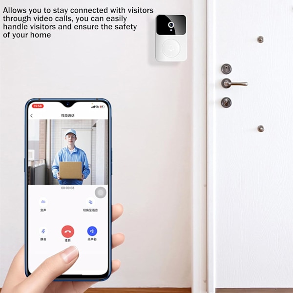 Smart trådløs videodørklokkekamera intelligent visuell dørklokke med stemmeendring HD nattsyn hjemmeappdeling, hvit