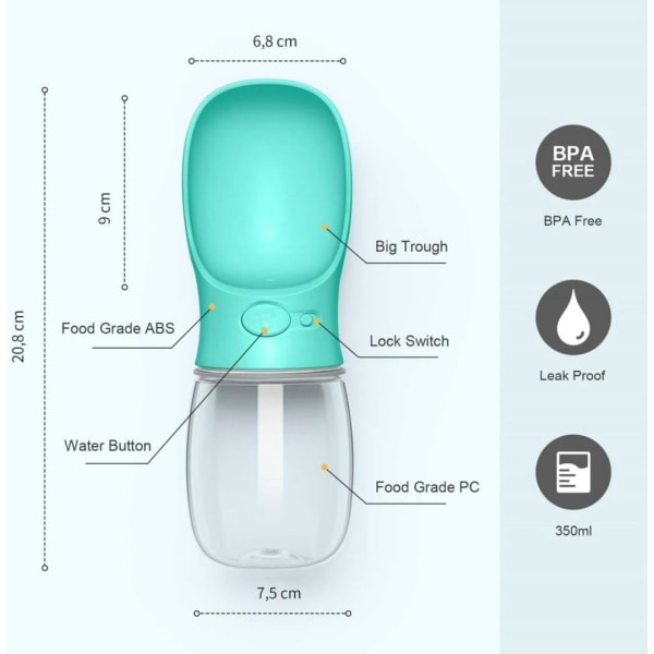 Kannettava koiran vesipullo, 350 ml elintarvikelaatuinen antibakteerinen Tr, ZQKLA