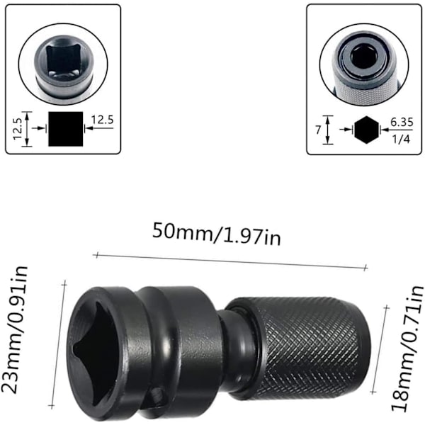 2 kpl 1/2\" neliöstä 1/4\" kuusiokoloon sovitin, pikavapautus, ZQKLA
