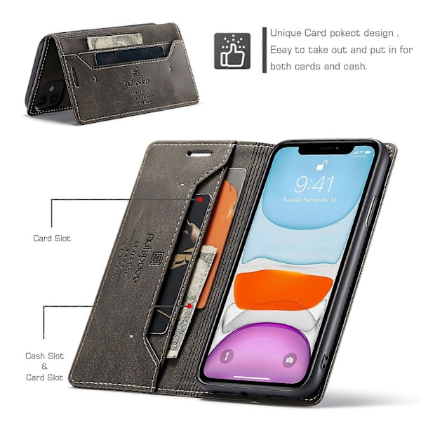 AUTSPACE A01 Series RFID-blokerende pung Retro Mat Læder Telefon Cover til iPhone 11 6.1 tommer Style C