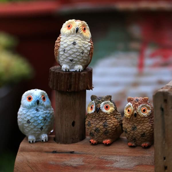 4 stk Harpiks Mini Ugler, Miniatyrfigurer, Tilbehør til Fehage
