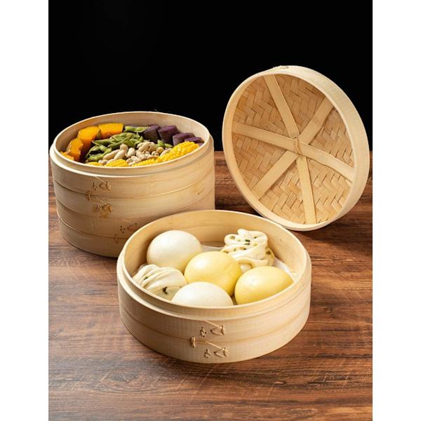 Naturlig bambu ångkokare, 2-vånings ångkokare med lock, perfekt för ångning, diameter 15cm