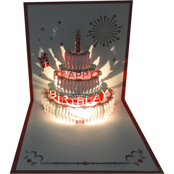1 stk 3D Pop Up Bursdagskort, Varme LED-lys Bursdagskake, ZQKLA