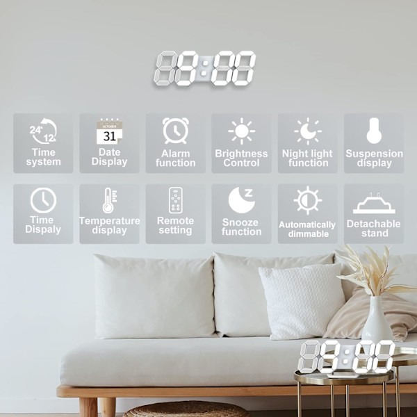3D LED Digital Väggklocka Liten Alarmklocka Fjärrkontroll 2,ZQKLA