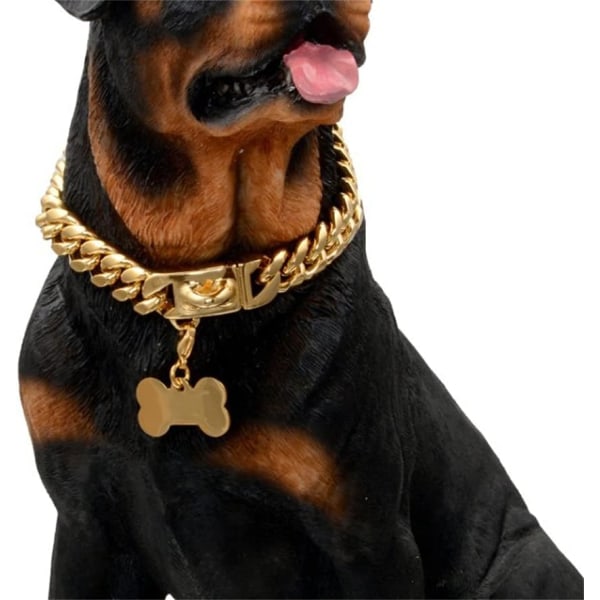 15 mm Dog Chain Choker Collar, 18K Solid Cuban Link Chew Res,ZQKLA