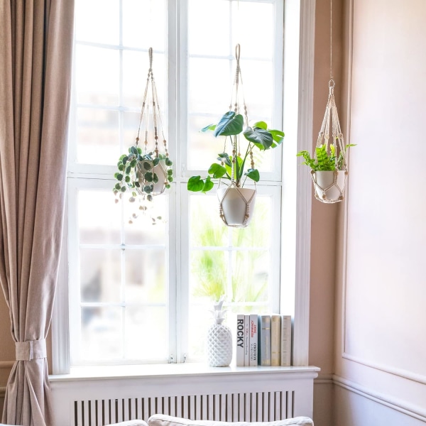 Macrame Växthängare Inomhus Hängande Planterkorg med Trä, ZQKLA