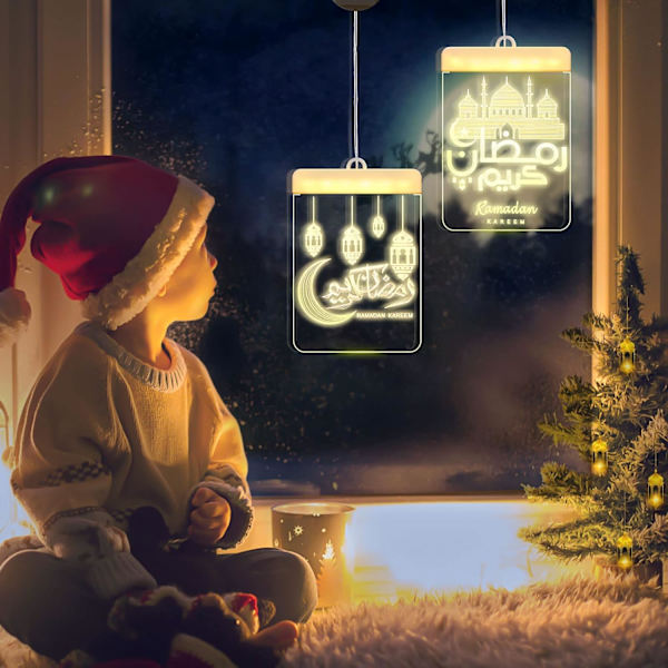 2 kpl Eid-koristeelliset ikkunavalot Eid Mubarak LED-riipusvalot