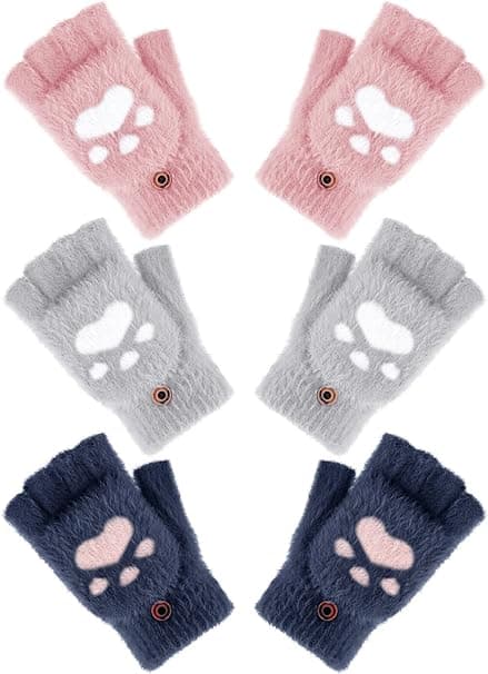 3 Par Vinter Katt Tass Handskar Varma Flap Handskar Konvertibla Vantar