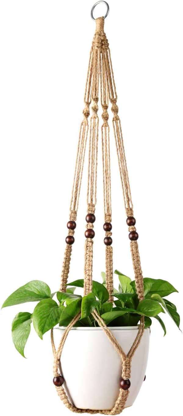 Macrame Växthängare Inomhus Hängande Planterkorg med Trä, ZQKLA