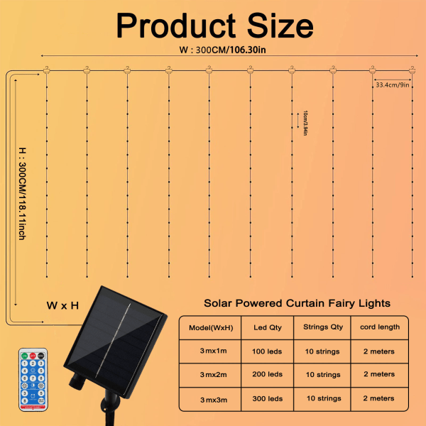 Solar String Lights utomhus, 3x3m 300 LED Gardinljus, 8 ,ZQKLA