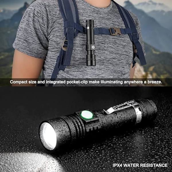 USB Uppladdningsbar LED Ficklampa, 600 Lumen, IP65 Vattentät