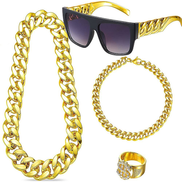 80s 90s Hip Hop Costumes Outfit Set, Fake Gold Chain, Twist Leg Punk Sunglasses, Dollar Sign Finger Ring For Men Women Rapper Accessories