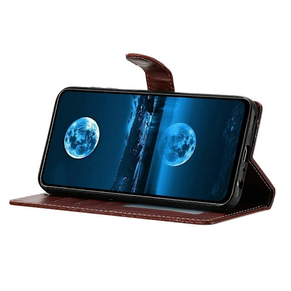Læder telefoncover med pung og stativ til Samsung Galaxy A05s 4G med praktisk rem Brown