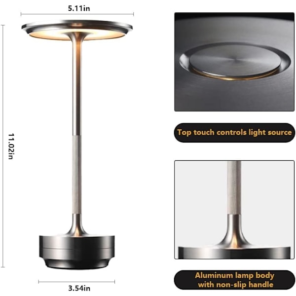 Bærbar metall skrivebordslampe trådløs LED-bordlampe 3 farger berøringskontroll oppladbar lampe (lys sølv)
