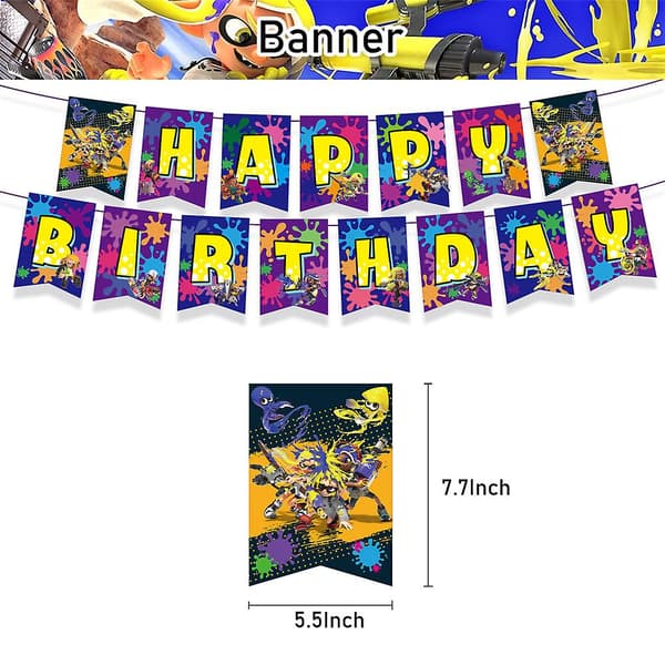 Splatoon 3-festtema for barn - Banner, kakepynt, ballonger og dekorasjonssett