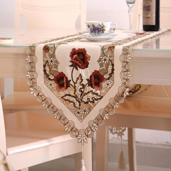 Klassisk Rosblommor Broderad Spets Beige Bordslöpare Flo,ZQKLA