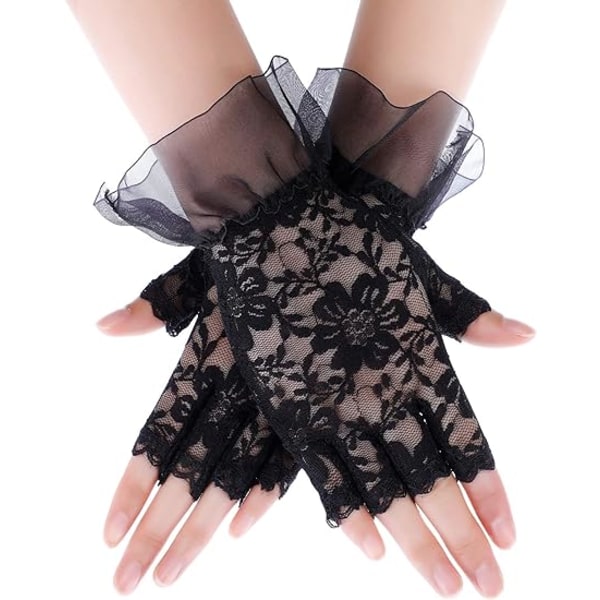 Kvinnor korta spetsblommiga handskar Sunblock Fingerless Lace Gloves,ZQKLA